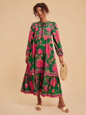 Zielona midi sukienka wzór (XS)