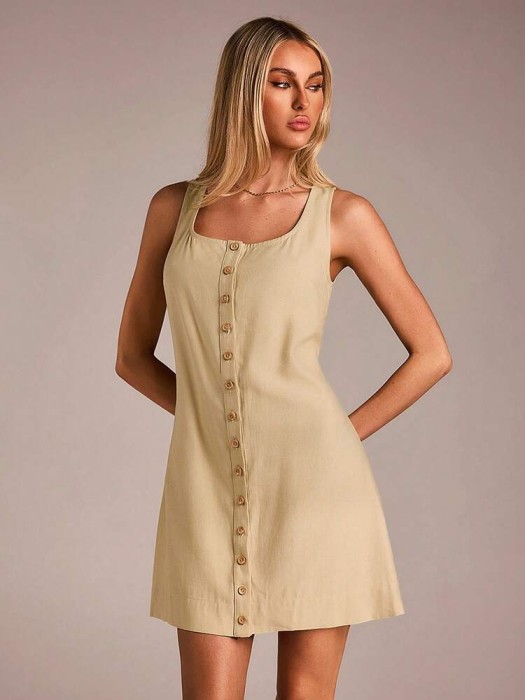 Beżowa mini sukienka guziki (L)