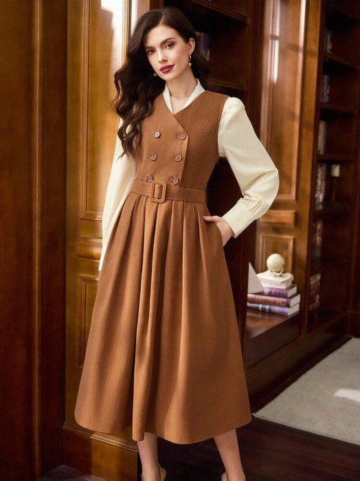 Brązowa sukienka bez rękawów pasek (L)