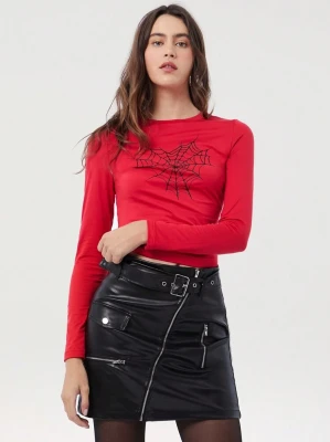 Czerwony t-shirt długi rękaw nadruk (S)