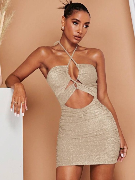 Beżowa mieniąca sukienka mini (M)