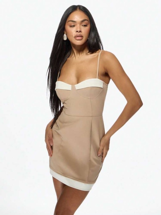 Beżowa mini sukienka ramiączka (S)