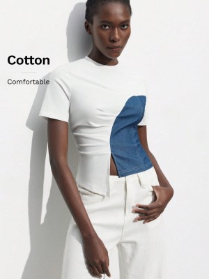 Biały t-shirt jeansowa wstawka (S)