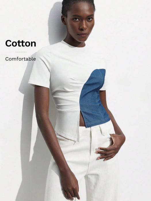 Biały t-shirt jeansowa wstawka (S)