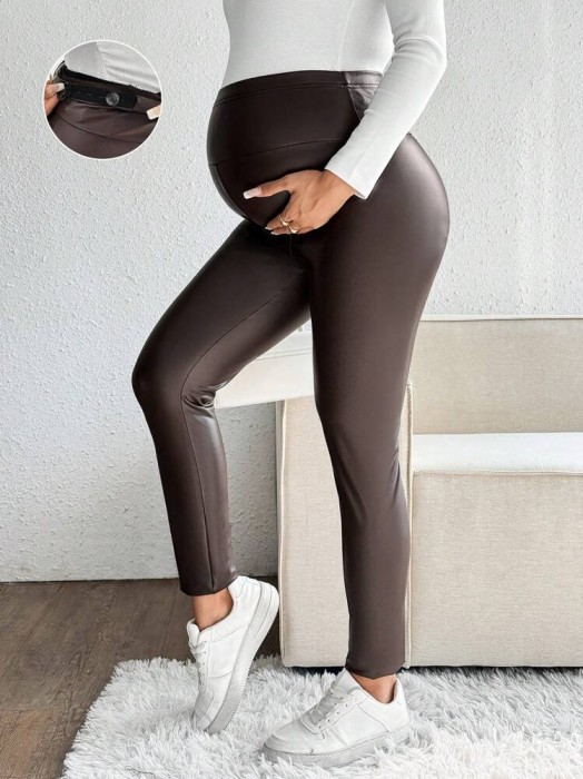 Brązowe legginsy imitacja skóry (M)