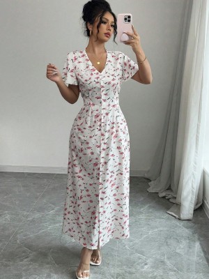 Biała sukienka guziki kwiaty (S)