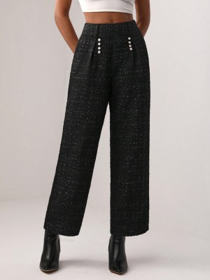 Czarne tweedowe spodnie guziki (M)