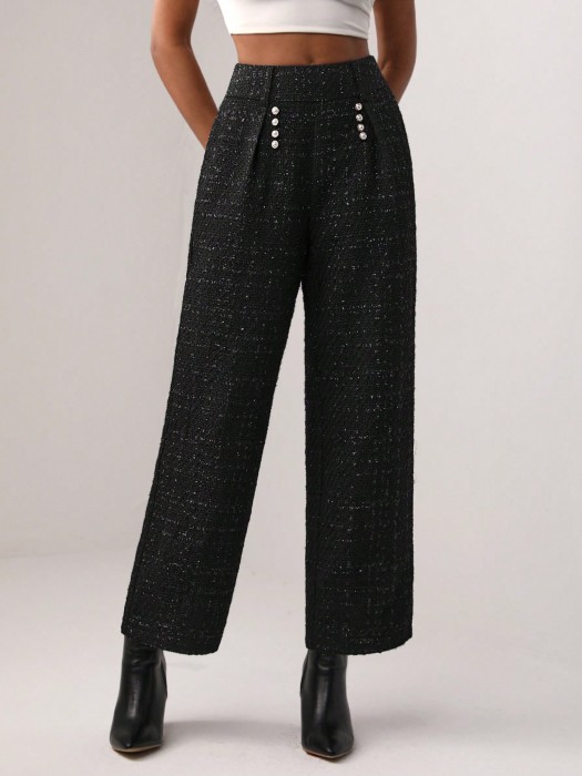 Czarne tweedowe spodnie guziki (M)