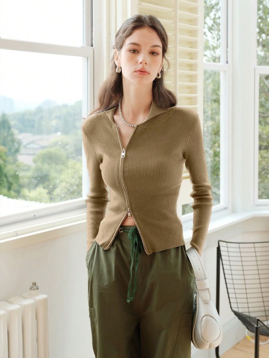 Brązowy prążkowany sweter zamek (M)