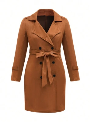 Brązowy dwurzędowy płaszcz pasek (3XL)