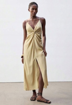 Beżowa sukienka rozcięcie ramiączka (S)