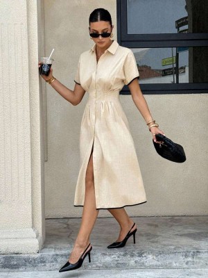 Beżowa koszulowa sukienka (L)