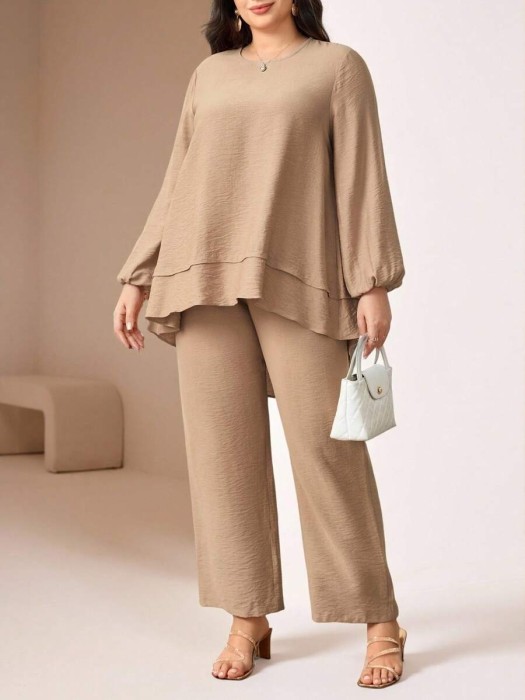 Jasnobrązowy komplet spodnie bluzka (2XL)