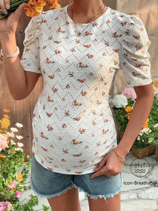 Ecru bluzka krótki rękaw wzór (2XL)