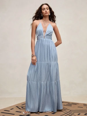 Niebieska plisowana sukienka maxi (S)