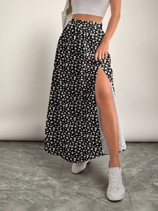 Czarna spódnica rozcięcie kwiaty (1XL)