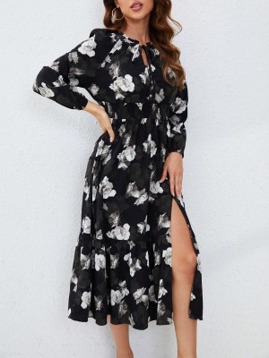 Czarna sukienka wzór kwiaty (XL)