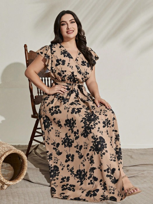Beżowa maxi sukienka pasek (3XL)