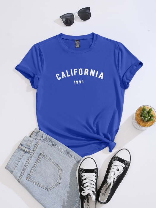 Ciemnoniebieski t-shirt napis (S)