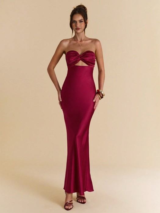Satynowa bordowa sukienka maxi (S)