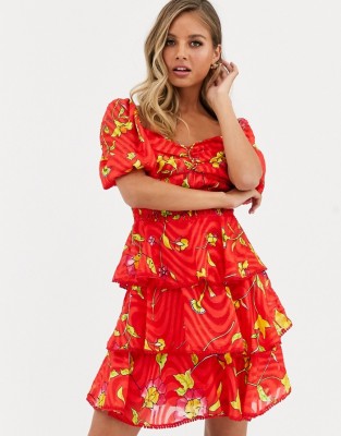 Czerwona sukienka print falbanki (40)